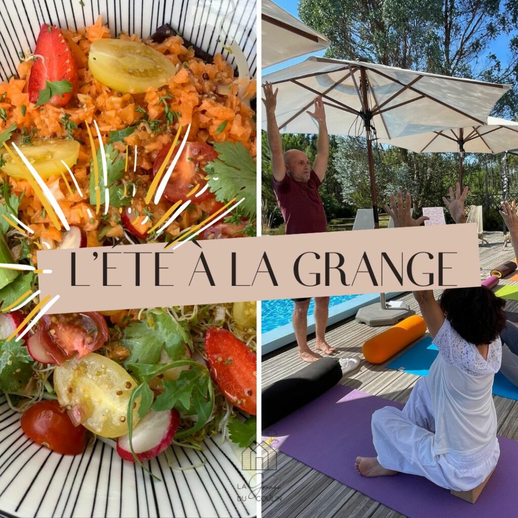Montage 2 photos pour cours de cuisine vitalité et cours de yoga à La Grange du Coulin en 2022.